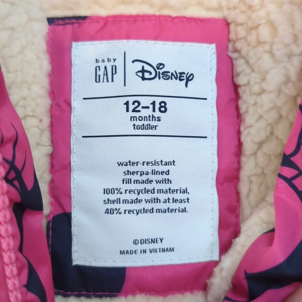 Gap, Disney, pink Minnie mouse puffer jacket. Size 12-18 months